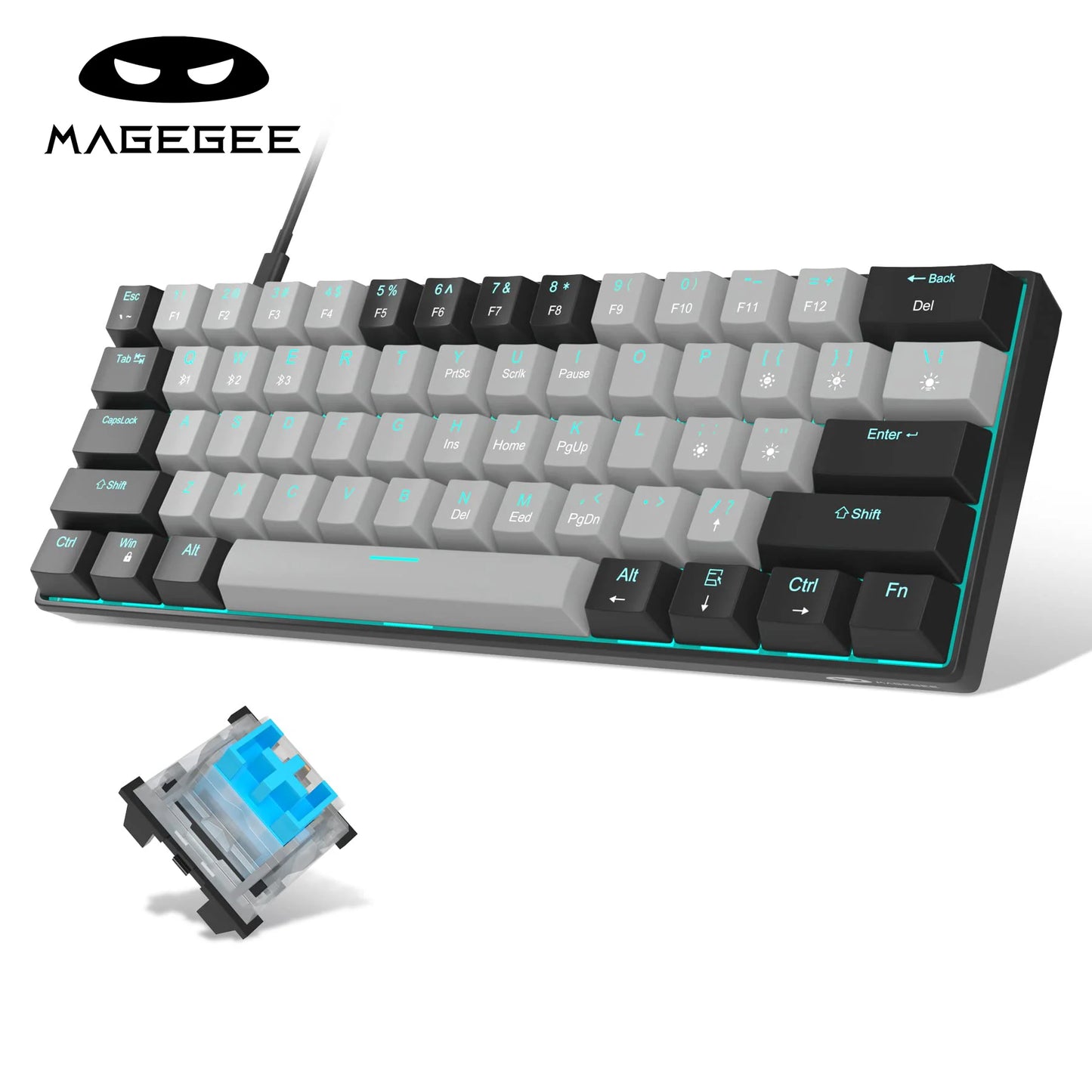 60% Mechanical Keyboard, Gaming Keyboard with Blue Switches and Sea Blue Backlit Small Compact 60 Percent Keyboard Mecha