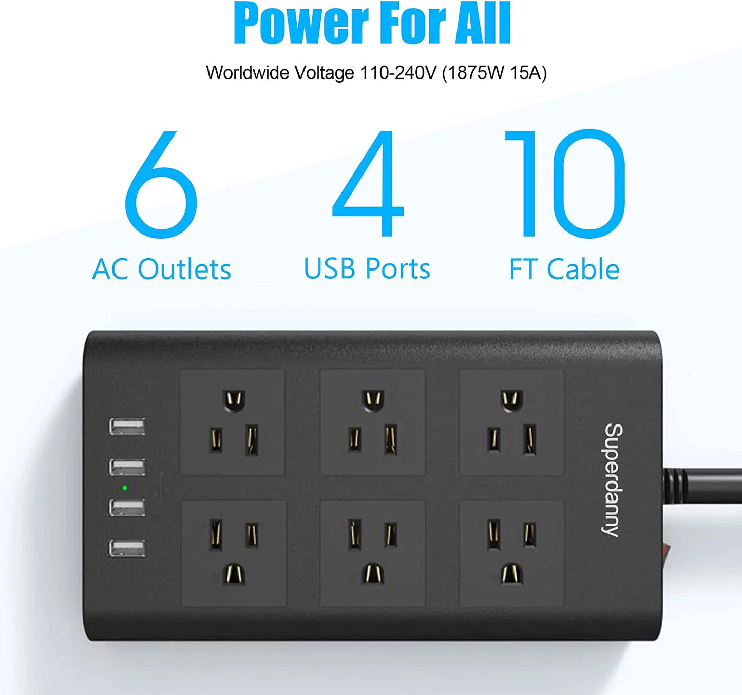 6 Outlets Surge Protector Power Strip with 4 USB Ports, 14AWG 9.8Ft Extension Cord, White